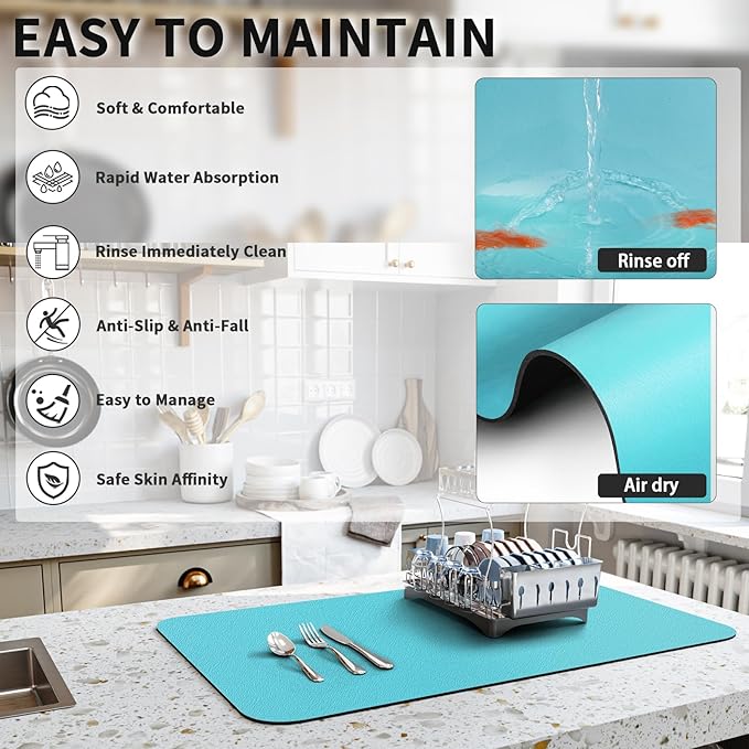 HotLive Dish Drying Mat for Kitchen Counter, Heat Resistant Drainer Mats with Non-slip Rubber Backed, Hide Stain Kitchen Super Absorbent Draining Mat, Easy to Clean Dish Rack Pad, Teal 18"x28"
