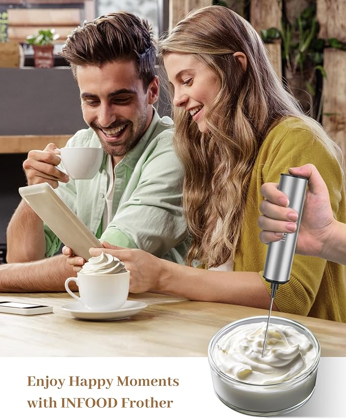 INFOOD Milk Frother Rechargeable with Cover - Coffee Frother Wand, Drink Mixer Handheld with 2 Detachable Stainless Whisks 2 Speed Adjustable for Latte, Cappuccino, Hot Chocolate, Egg, Silver