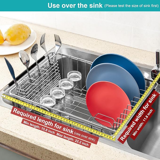 iPEGTOP Expandable Dish Drying Rack Over Sink, Rustproof Stainless Steel Basket Shelf, Multifunctional Dish Drainer Organizer with Utensil Cutlery Holder