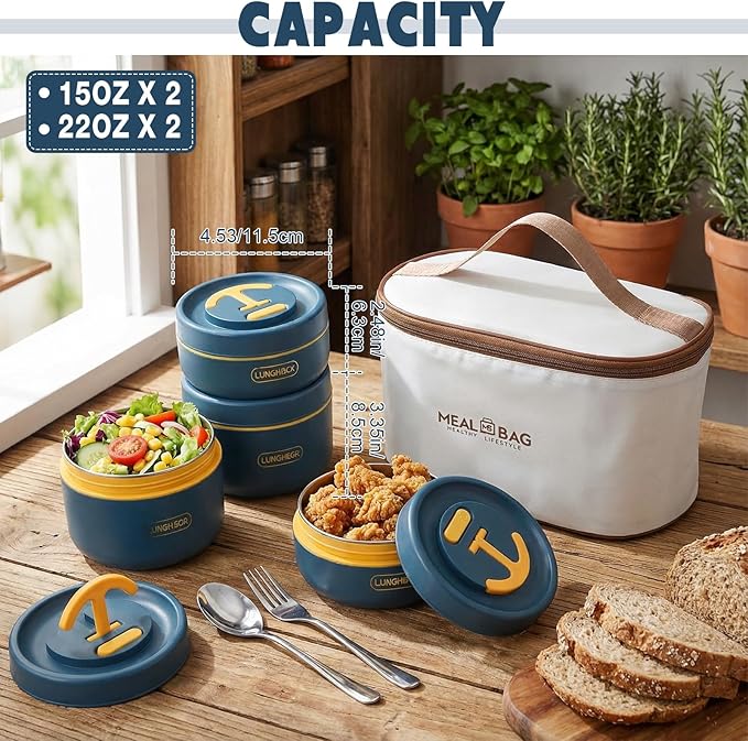 Dandat 4 Pcs Insulated Lunch Container, Portable Bento Box, Stainless Steel Lunch Box, Round Stackable Leakproof Thermal Food Container for Adult Men Women with Insulated Bag, 74 oz(Royal Blue)