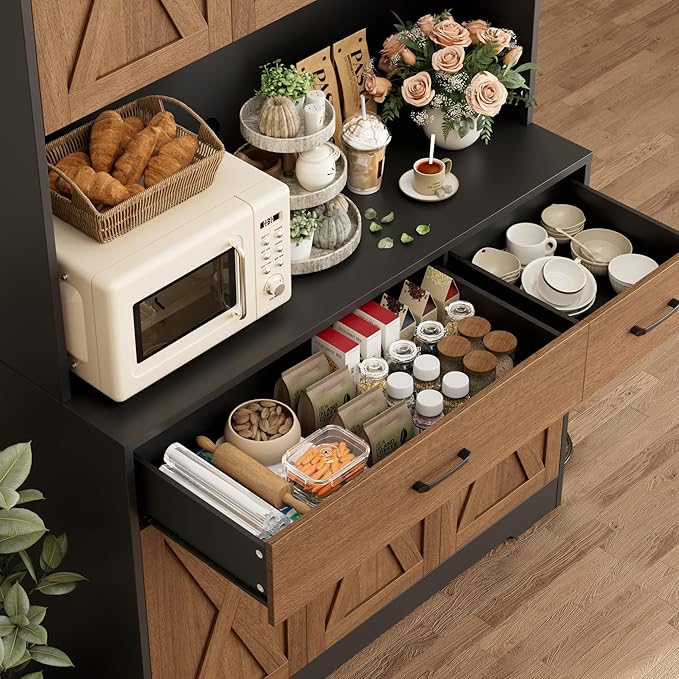 HOSTACK 71" Pantry Cabinet with Charging Station, Tall Kitchen Pantry Storage Cabinet with Microwave Stand, Farmhouse Kitchen Hutch with Storage Drawers for Living Room, Dining Room, Brown/Black