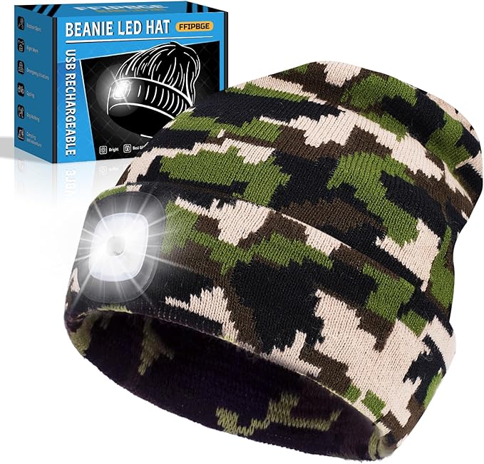 Beanie Hats with Light, USB Rechargeable LED Hand Free Headlamp, Ideal for Camping, Hiking, Fathers Day Dad Gifts, Birthday Gifts for Husband, Dad, Men, 1 Pack, Camouflage