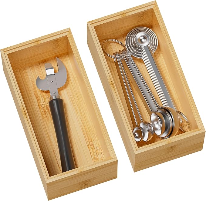 Kitchen Drawer Organizer Bins, Stackable Bamboo Deep Drawer Organizer for Silverware, Utensils, Cutlery, Flatware, Junk Drawer, Dresser, Bathroom