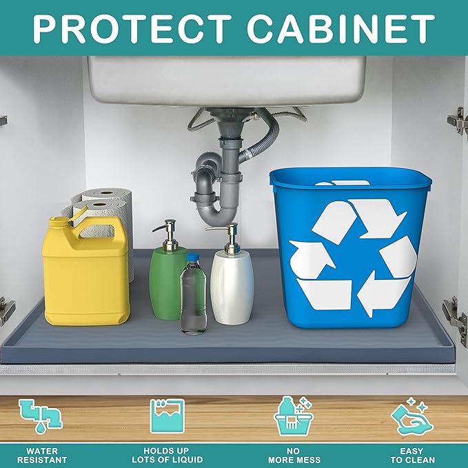 URMONA Waterproof Silicone Under Sink Mat 34'' x 22'' Shelf Liner for Kitchen and Bathroom, Cabinet and Counter Protector, Storage and Organizers, Litter Mat, Pet Cat Puppy Essentials(Navy)