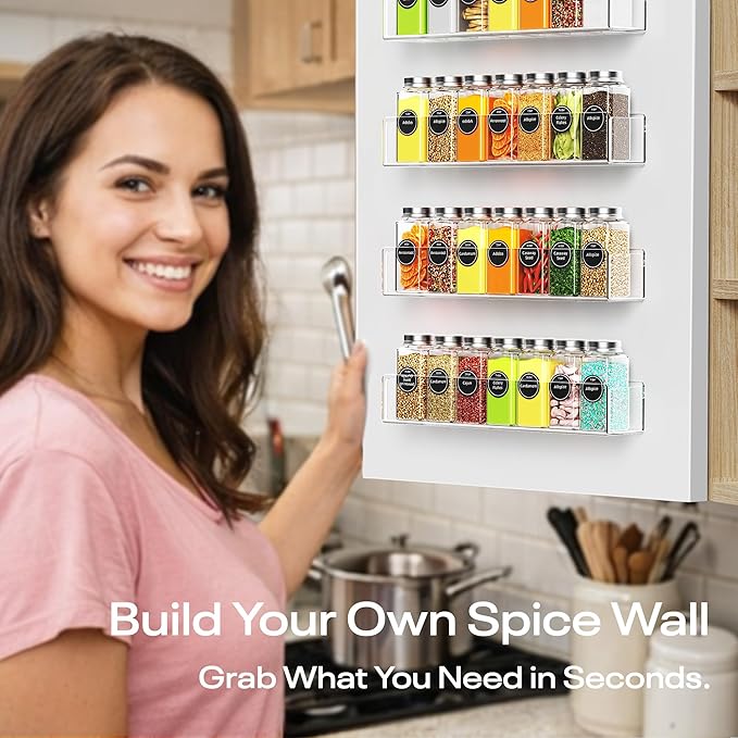 Wall Mounted Acrylic Spice Rack 4 Pack, 12 Inch Clear Pantry Door Organizer, Floating Spice Organizer, Adhesive or Screw Mounted Cabinet Seasoning Shelf
