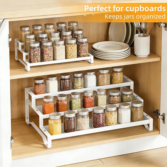 3-Tier Spice Rack Organizer, 13"-21.5" Expandable Spice Organization Shelf, Metal Seasoning Organizer for Kitchen Countertop or Pantry, Slip-Resistant Design for Jars and Bottles, White