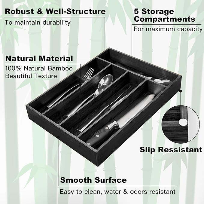 Besilord Bamboo Silverware Holder - Drawer Organizer with 5 Slots (Black)