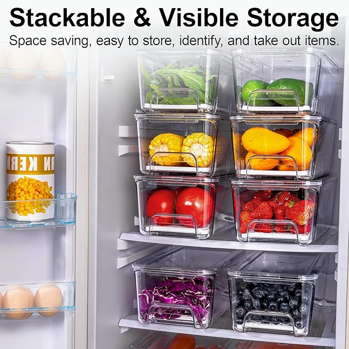 4-Pack Stackable Fruit Storage Containers for Fridge, Clear Pull-Out Drawer Organizer Bins with Lids & Drain Tray, Keep Fresh, Removable Refrigerator Container for Berry, Veggie, Drinks, Food