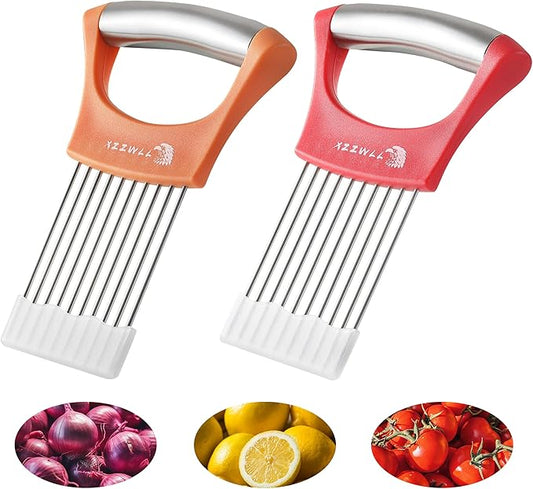 2PCS Onion Slicer Holder, XZZWLL Stainless Steel Onion Cutter for Slicing and Storage Onions, Tomato, Eggs and Vegetables, Protective Cover Included, Dishwasher Safe (Stylish Orange+ Red Color)