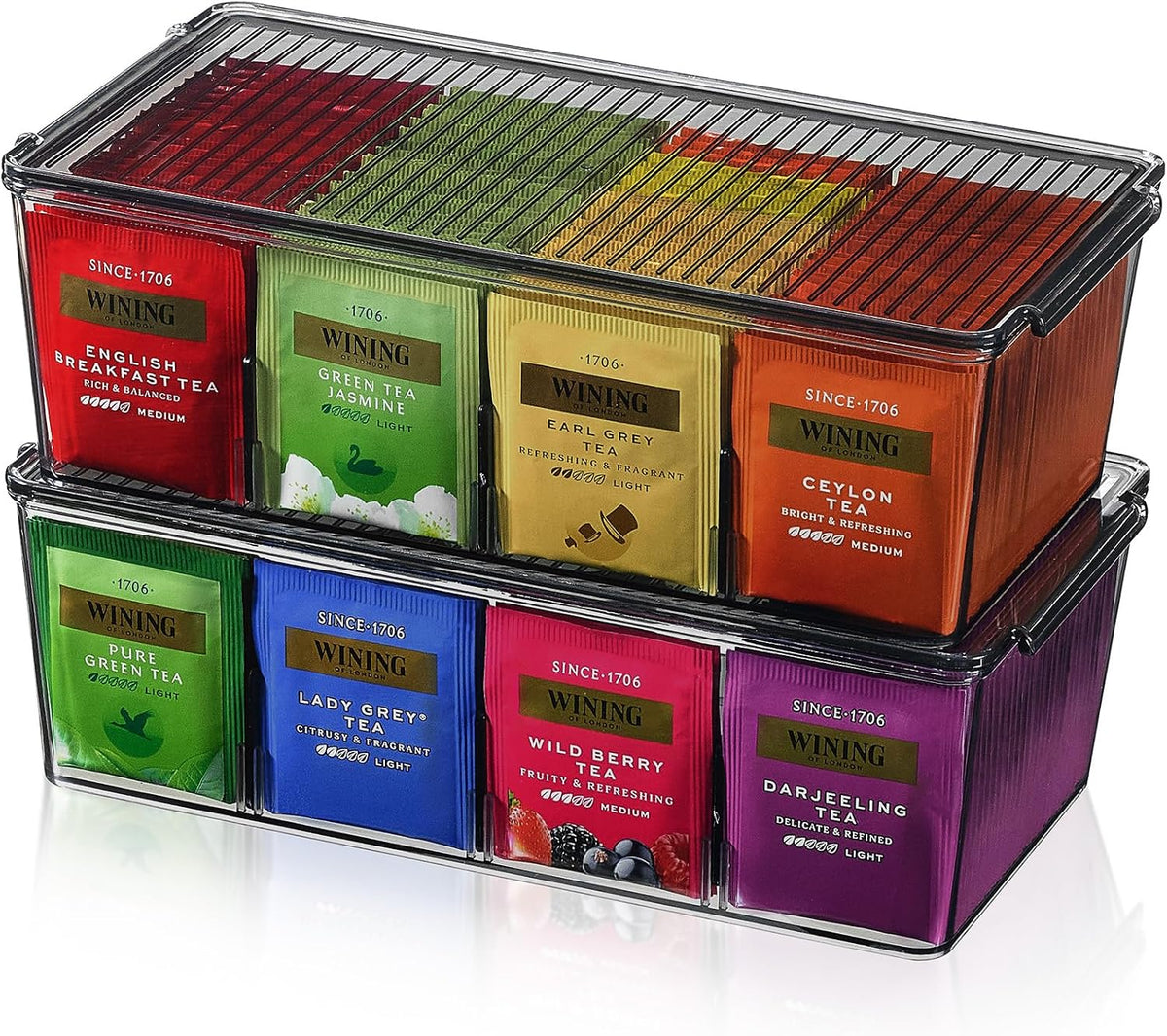 2 Pack 16 Compartment Tea Organizer, Stackable for Cabinet, Black