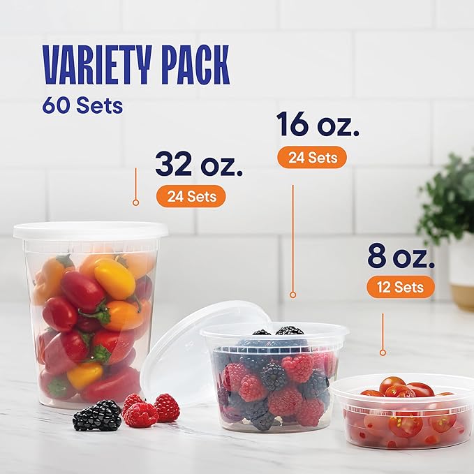 Stack Man [60-Sets] Plastic Deli Food Storage Containers with Airtight Lids Combo Set | 32 oz | 16 oz | 8 oz. | Disposable Plastic Takeout Containers for Soup - Freezer, Microwave and Dishwasher Safe