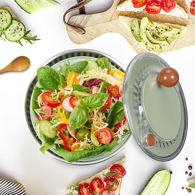 Stainless Steel Salad Spinner Large with 5 Blades Slicer, Lettuce Washer Spinner and Dryer, Vegetable Fruits Chopper Bowl, Egg Yolk Strainer Comes with Dipping Saucers and Clip, 5.3Qt