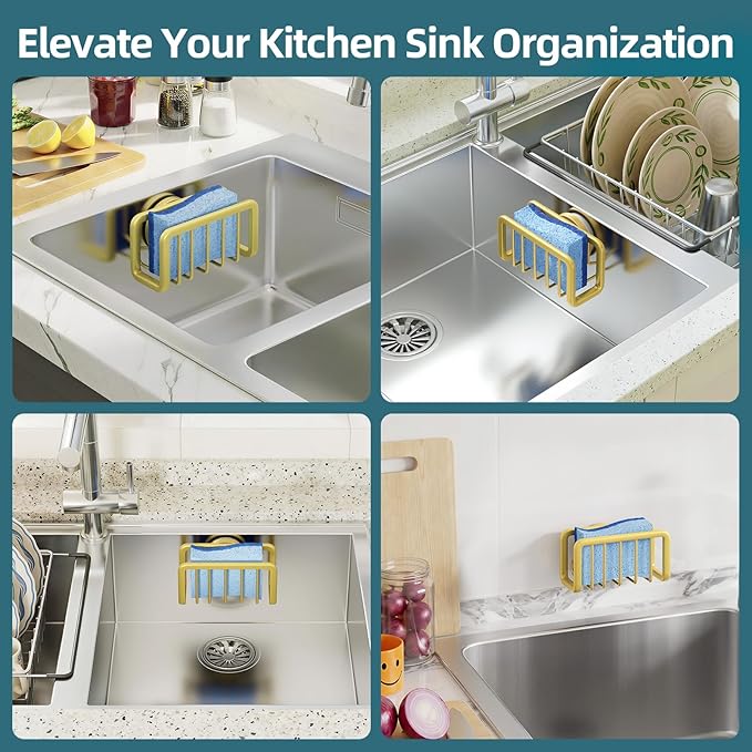 TAILI Sink Caddy with Strong Suction Cup, Sponge Holder for Kitchen Sink Oganizer, Removable Rustproof Aluminum Sponge Holder, Dish Brush for Scraper - Gold