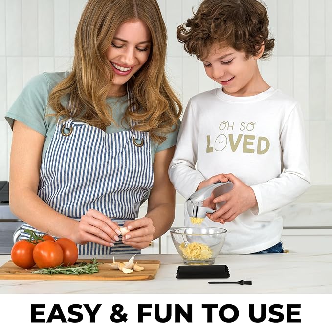Zulay Kitchen Premium Garlic Press Set – Rust Proof & Dishwasher Safe Garlic Mincer Tool with Silicone Garlic Peeler & Brush, Easy Squeeze & Clean, Ergonomic Soft Grip Handle - Medium – Chrome