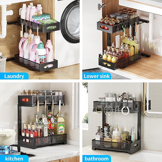 Under Sink Pull Out Organizer, 5-Level Adjustable Height to Fit U/L Shape Plumbing Pipes, Carbon Steel 2-Tier Storage Rack for Kitchen Bathroom Cabinet, Black