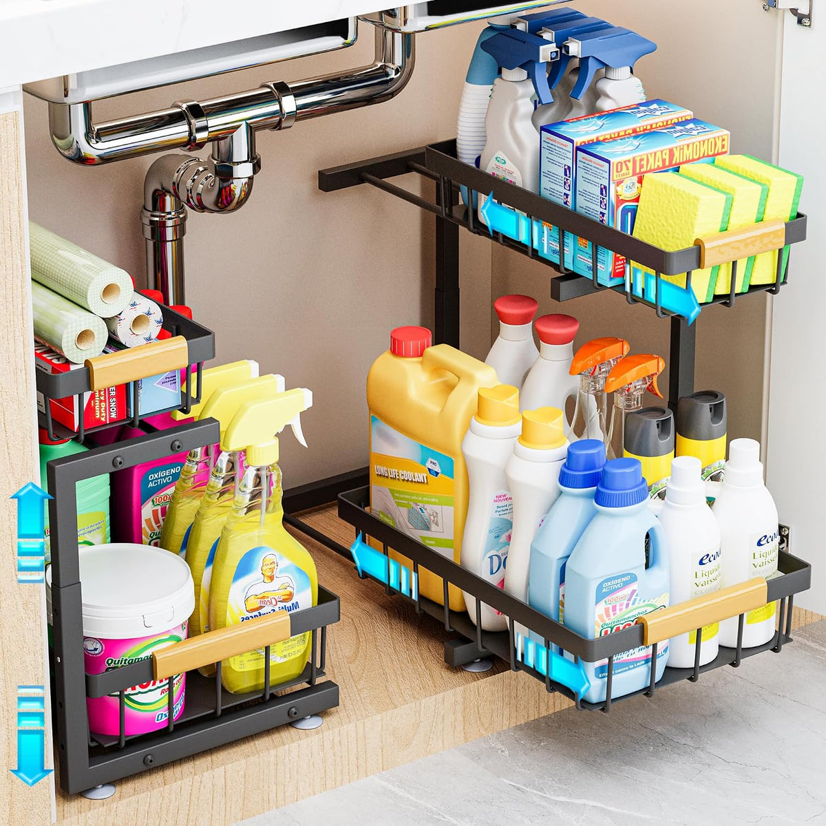 2-Tier Pull-Out Under Sink Organizer, 2-Pack, Large, Black