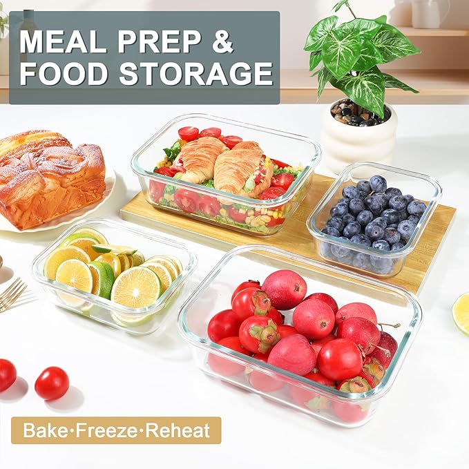 KOMUEE 4 Pack 52oz+22oz Large Glass Food Storage Containers Set with Airtight Lids, BPA-Free & Leak Proof, Ideal for Meal Prep, Freezer, Microwave, Oven and Dishwasher Safe