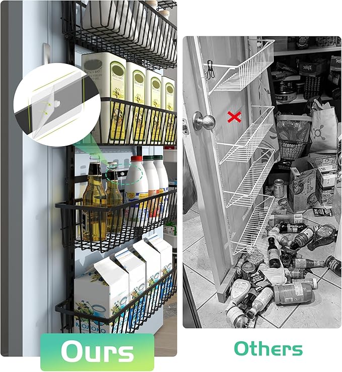 Mefirt Over The Door Pantry Organizer, Pantry Organization and Storage, 6-Tier Deep Baskets Hanging Heavy-Duty Metal, Wall Spice Rack Seasoning Shelves for Home & Kitchen, Laundry Room Bathroom, Black