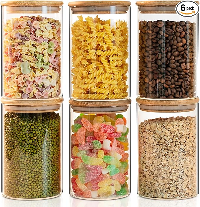 6 Pack 50oz Round Glass Food Storage Jars with Lids, Clear Airtight Containers for Coffee, Sugar, Flour, Spices, BPA-Free