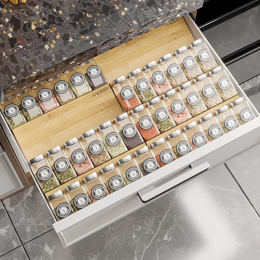AMBIRD Bamboo Spice Drawer Organizer with Non-slip Mat,4 Tier - 2 Set Jar Spice Rack Tray From 12''to 24''