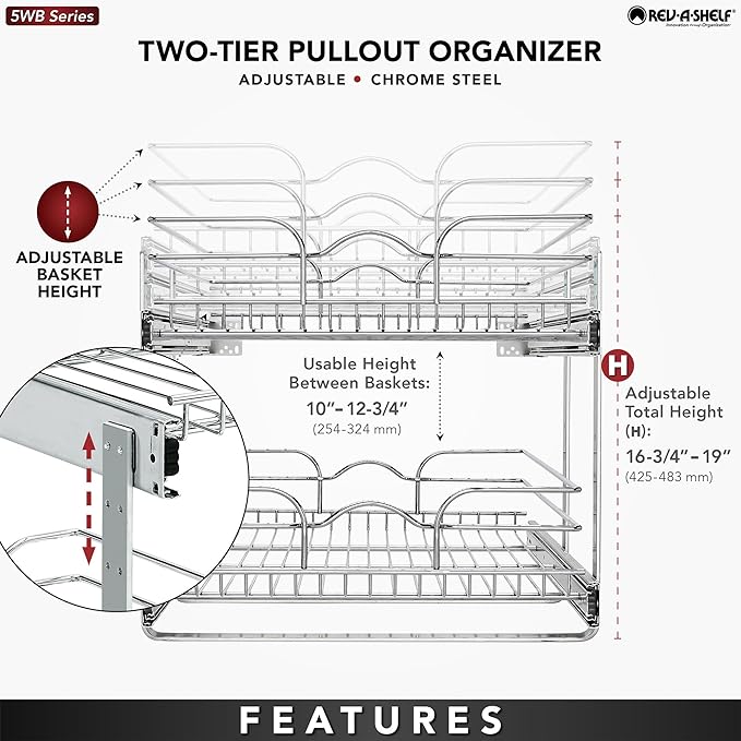 Rev-A-Shelf 2-Tier Pullout Shelf and Drawer Organizer for Kitchen Cabinets, Slide Out Storage Basket, Min Opening Width of 17.5", 18" x 22", 5WB2-1822CR-1