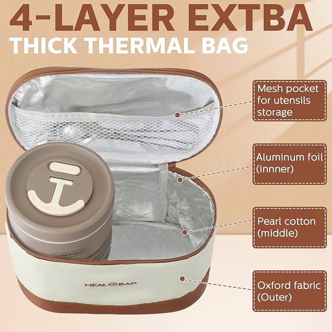 Dandat 4 Pcs Insulated Lunch Container, Portable Bento Box, Stainless Steel Lunch Box, Round Stackable Leakproof Thermal Food Container for Adult Men Women with Insulated Bag, 74 oz(Khaki)