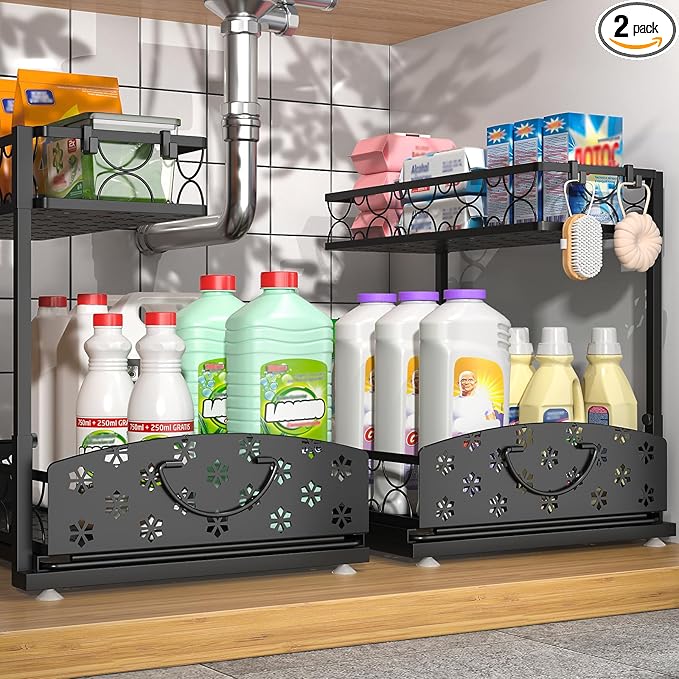 Sevenblue 2 Packs Under Sink Organizer, Height Adjustable 2 Tier Under Kitchen Sink Organizer, Multi-Purpose Storage Shelf for Kitchen Bathroom Cabinet (Metal, Extra Large)