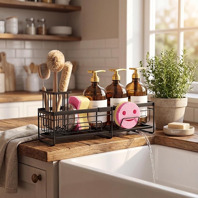 spospo Extendable Sponge Holder for Kitchen Sink, Extra Large Adjustable Length Sink Caddy Organizer with High Brush Holder, Self-Draining Countertop Organizer