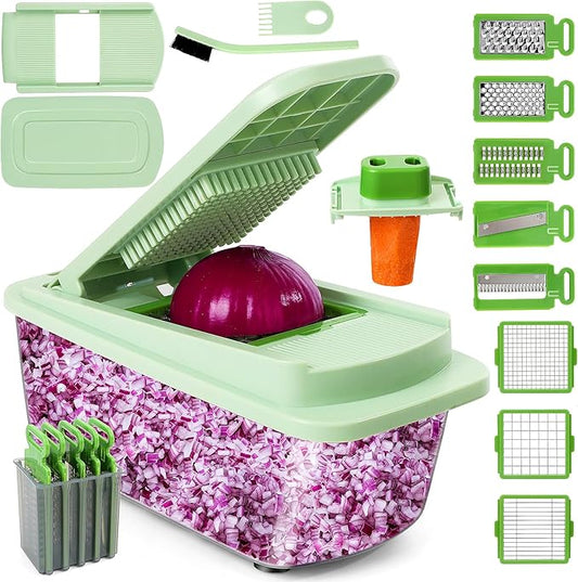 Vegetable Chopper 16-in-1 Multifunctional Kitchen Gadgets - 8 Blades Onion Chopper with Container, Food Spiralizer Slicer Dicer Grater Shredder, Vegetable Cutter for Salad/Coleslaw/Meat/Nuts