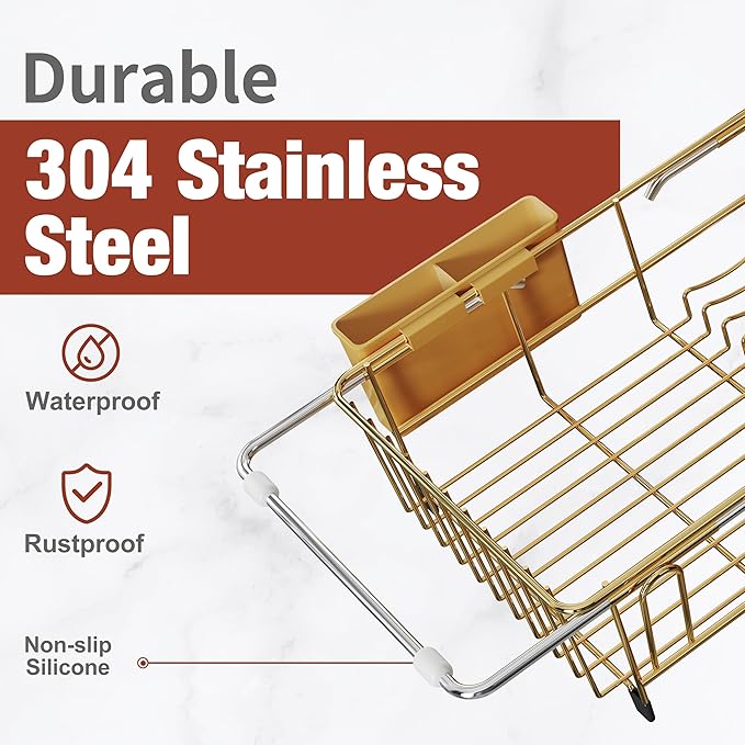 JASIWAY Gold in Sink Dish Drying Rack, Expandable Stainless Steel Small Dish Rack Over Kitchen Sink, Plate Drainer Strainer with Utensil Holder & Cup Holders, Counter Space Saving Wire Dryer Rack