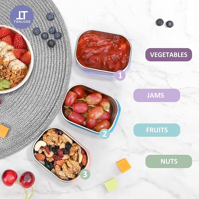 Tanjiae Snack Pro - Small (1 CUP) Stainless Steel Snack Containers for Kids | Easy Open Leak Proof Food Containers with Silicone Lids - Perfect Metal Toddler Lunch Box for Daycare and School (8oz*3)