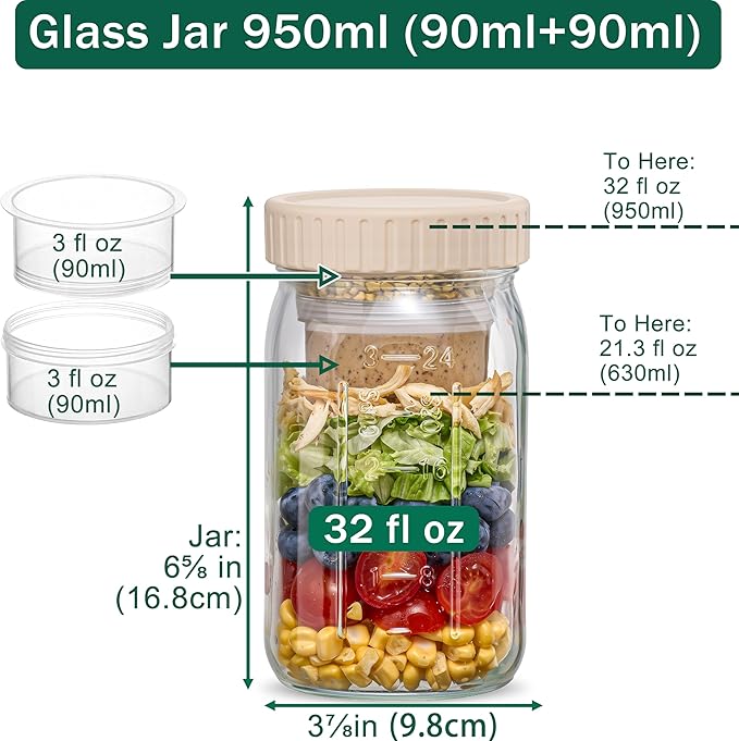 Danmu 32 oz Salad Jars with 2 Dressing Cups - Glass Mason Jar Meal Prep Containers,Wide Mouth,Leak Proof,Dishwasher Safe - Dry Wet Food Separation for Fresh Salad,Leftovers 4 Pack