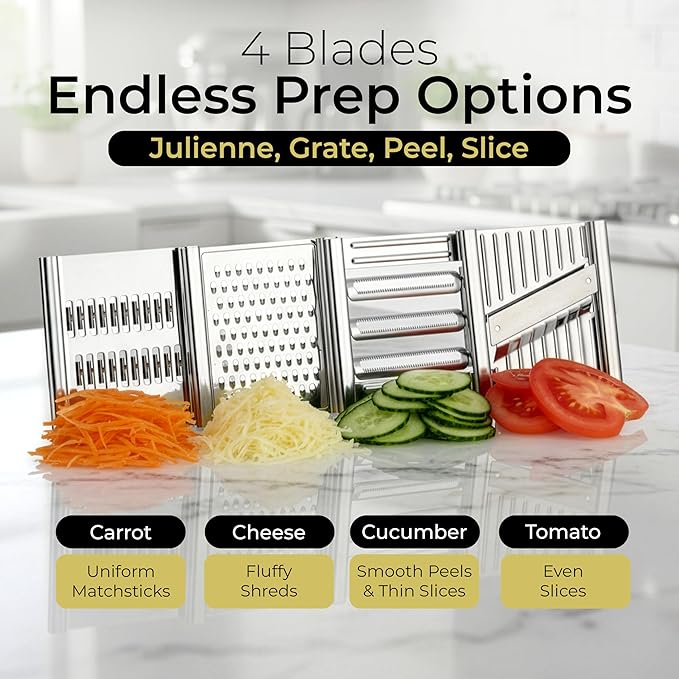 Gramercy Handheld Mandoline Slicer for Kitchen - Stainless Steel Veggie & Fruit Slicer with 4 Blades - Slicer, Julienne & Grater; Cut Resistant Safety Glove & Cleaning Brush Included; Dishwasher Safe