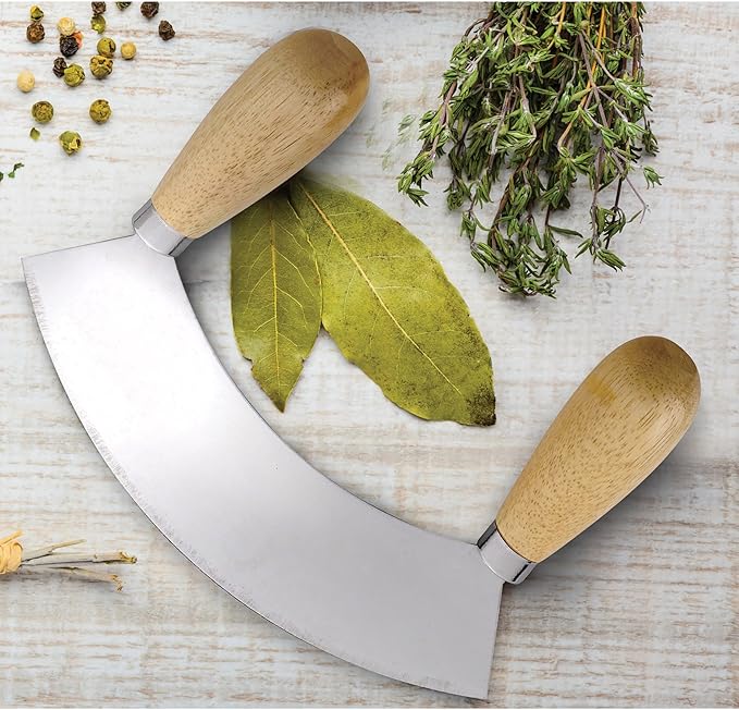 HIC Kitchen Mezzaluna Rocking Chopper And Mincing Knife With Double Handles, Stainless Steel, Rubberwood, For Herbs Vegetables Nuts And More