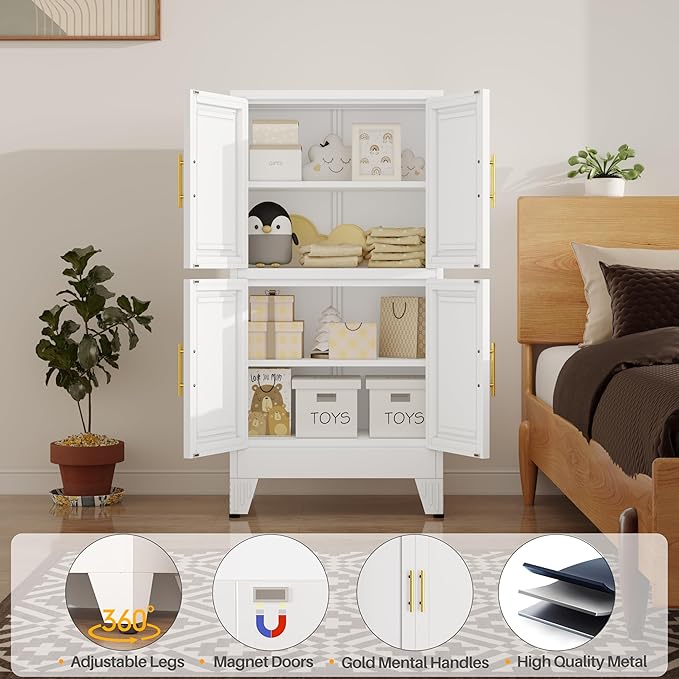 winiowa 47" Tall Kitchen Pantry Cabinet, Metal Storage Cabinet with Doors and Adjustable Shelves, White Freestanding Pantry Cabinet for Kitchen, Dining Room, Living Room, Laundry Room, Bathroom