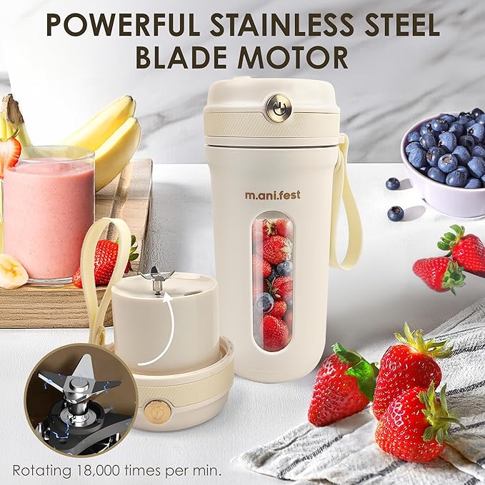 M.ani.fest Portable Blender 350ml – USB Rechargeable Mini Juicer Cup with Type-C, Upgraded Motor, Personal Smoothie Maker for Travel, White
