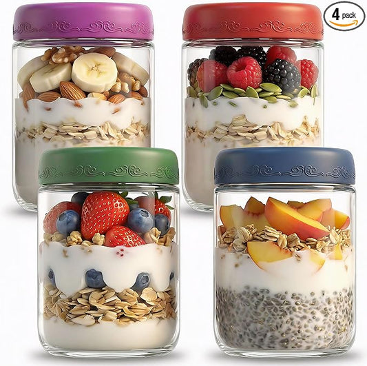 16oz 4Pack Glass Overnight Oats Jars Containers with Airtight Leakproof Lids, Reusable Mason Jars for Meal Prep, Yogurt Parfaits, Smoothies, Salads & Healthy Breakfasts (16 OZ-4-1)