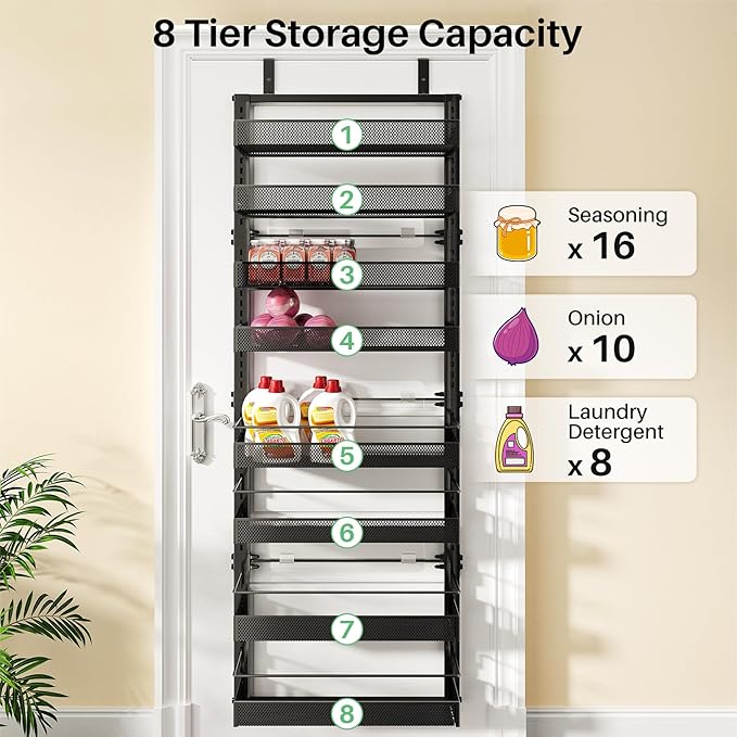 SNTD 8 Tiers Over the Door Organizer - Height Adjustable Pantry Organizers and Storage with Dense Mesh Baskets, Anti-Swing Hanging Door Spice Rack for Kitchen Bathroom (Black, 17" W x 6" D x 69" H)