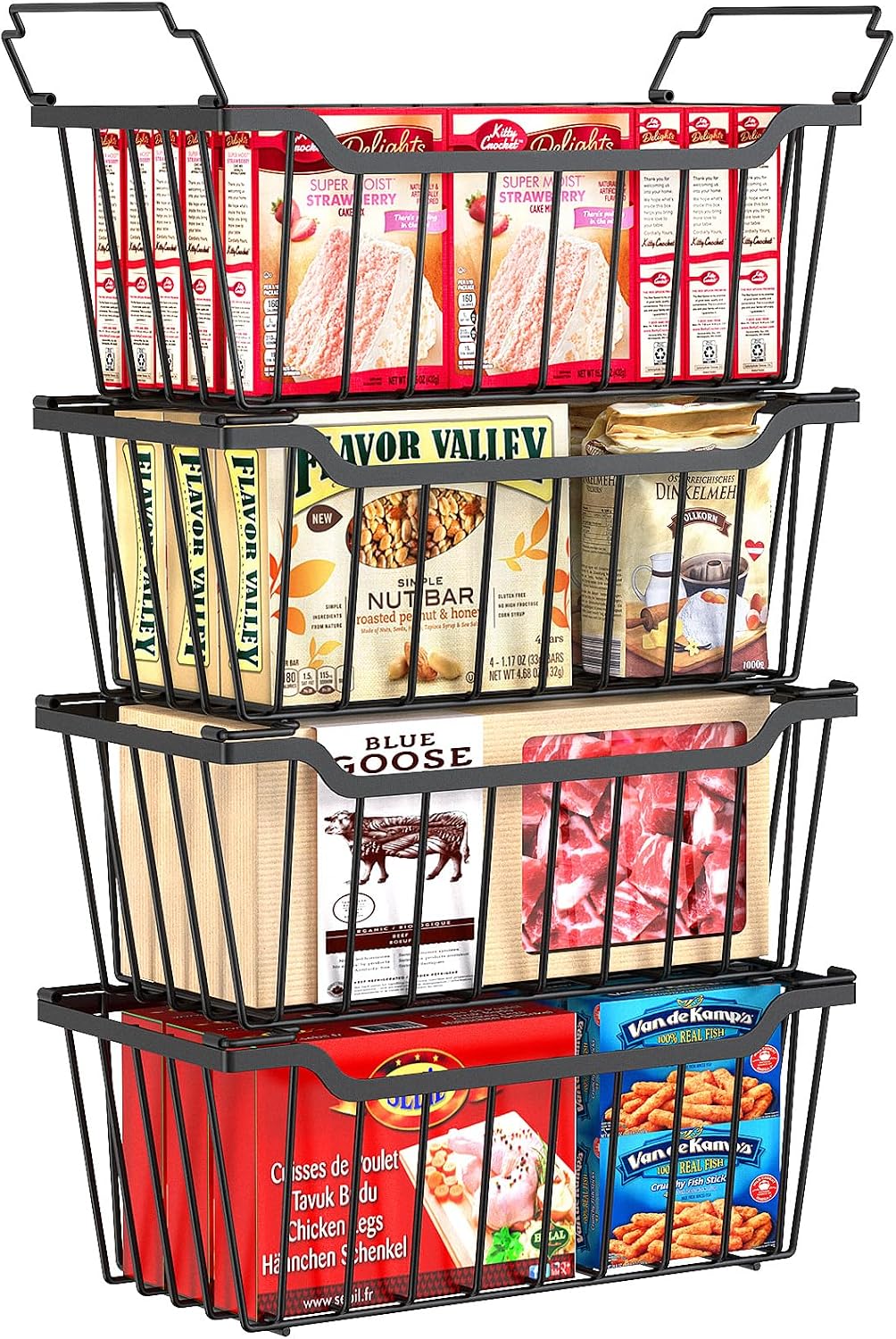 Freezer Organizer Bins, 4 Pack Stackable Pantry Storage Bins, Black