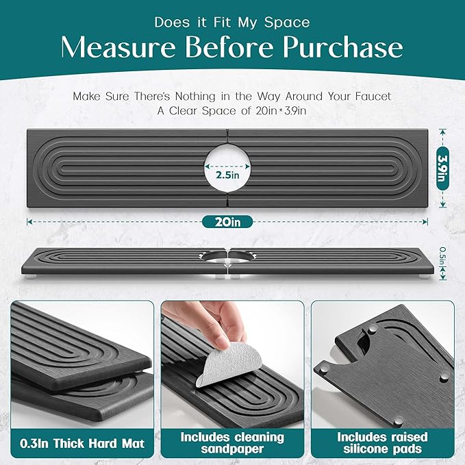 eormoe Diatomite Stone Sink Candy - Instant Dry Stone Sink Tray around Faucet, Prevents Moisture Buildup - Faucet Splash Guard for Bathroom Counter (Dark Grey, 20" x 3.9")