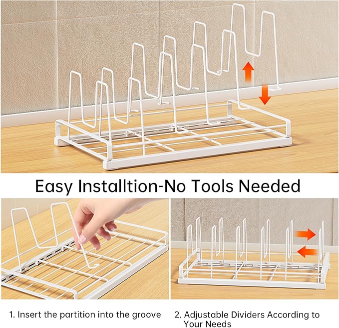 Food Container Lid Organizer, 6 Removable Adjustable Dividers Metal Rack - Storage for Plastic Lids, Pots, Bakeware, Fit for Cabinets, Cupboards, Pantry, Drawers (White)