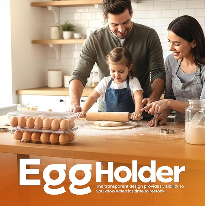 Utopia Home Egg Container With Lid and Handle for Refrigerator Organization- Pack of 2 - Clear Stackable Egg Holder for Kitchen or Pantry Organizers and Storage