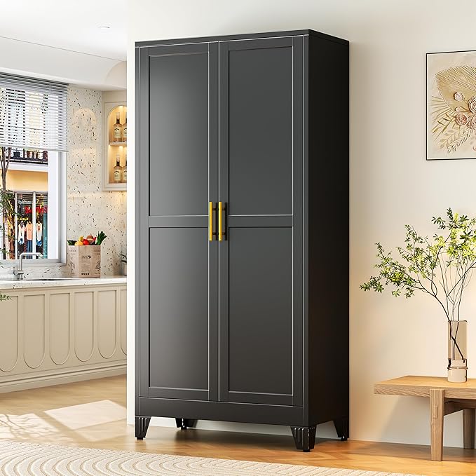 GAIOUS 75.2" Tall Metal Storage Cabinet with 2 Doors and 5 Adjustable Shelves, New upgrade Kitchen Pantry Cabinet, Black Freestanding Cupboard, 6 Tier Steel Storage for Office, Kitchen, Dining, Garage