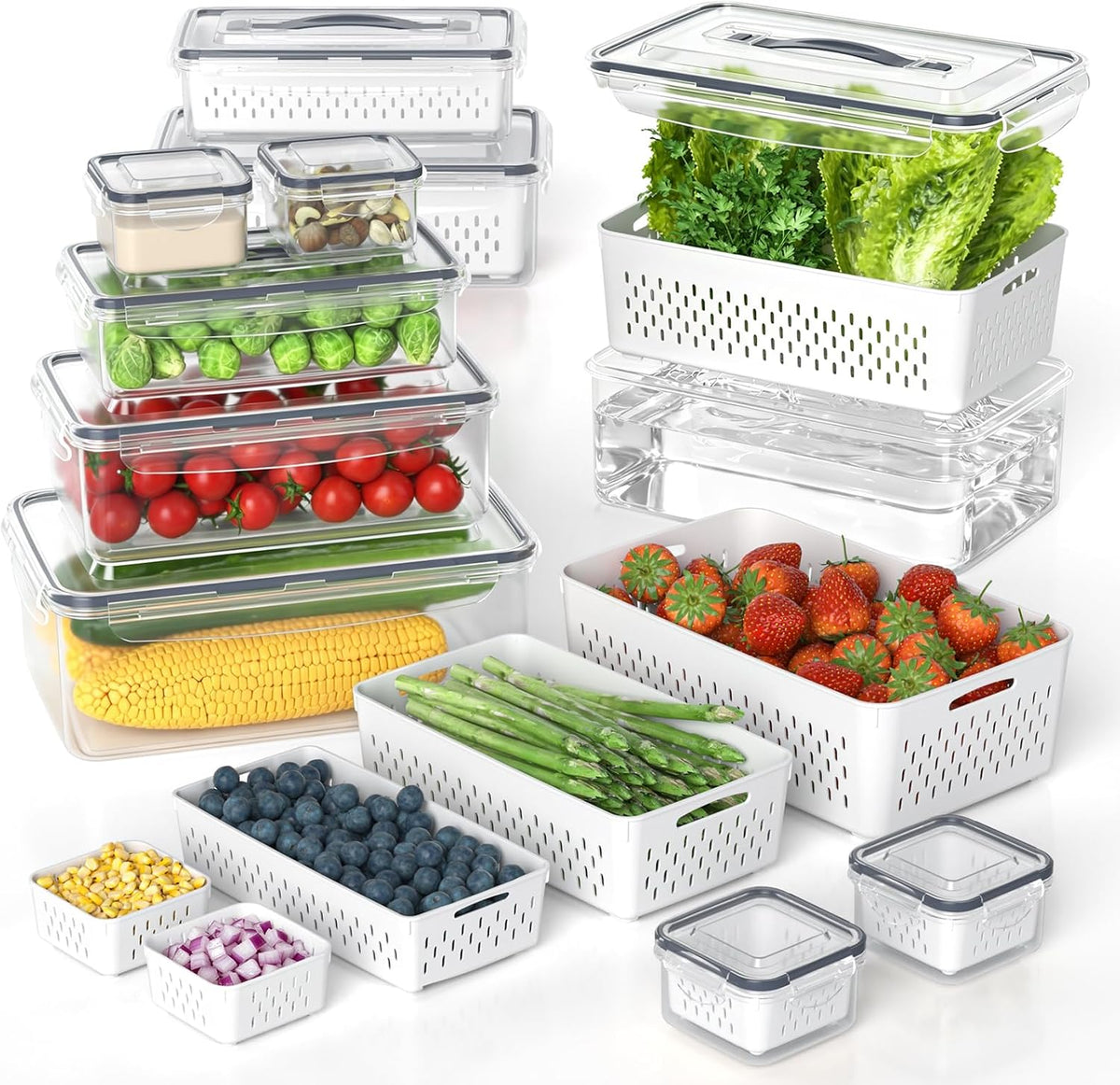10Pack Fruit Storage Containers for Fridge with Colander and Lids