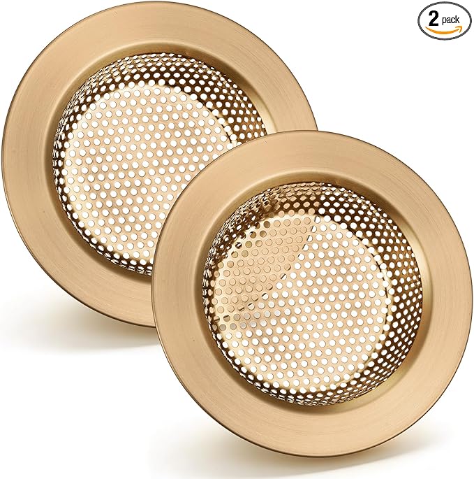 Retisee 2 Pcs Sink Strainer Stainless Steel Kitchen Sink Drain Strainer Basket Cover Mesh Hair Food Catcher, Large Wide Rim of 4.4 Diameter (Champagne Bronze)