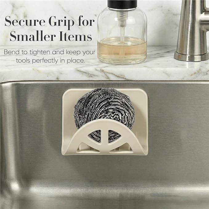 Flexible Sponge Holder for Kitchen Sink Adhesive - Bendable Silicone Sink Caddy 2 Pack, Metal Core Dish Scrubber Rack, Fold-Flat Organizer for Soap Brush Razor, Stone Wall Mount (Creamy White)