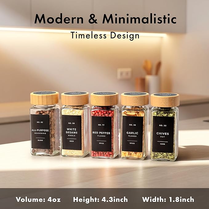EDELHAUS® Square Spice Jars with Bamboo Wooden Lid (Pack of 36) Spice Jars with Shaker Insert and 240 Labels - Bamboo Lid Glass Container for Spice Organisation [4.3 in × 1.8 in]