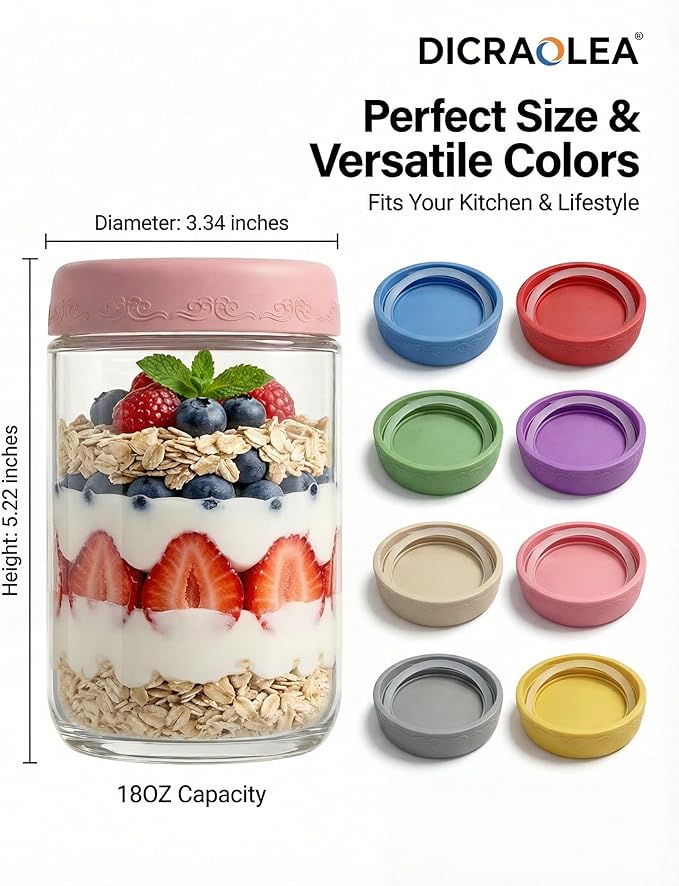 18oz 4Pack Glass Overnight Oats Jars Containers with Airtight Leakproof Lids, Reusable Mason Jars for Meal Prep, Yogurt Parfaits, Smoothies, Salads & Healthy Breakfasts (18 OZ-4-2)