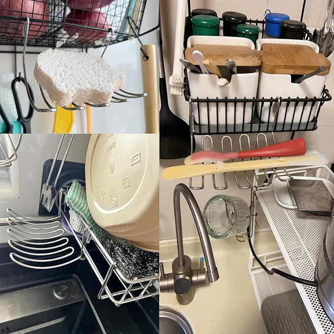 Kitchen Sponge Holder Kitchen Sink Caddy Organizer Attach to Standard Dish Drying Rack Hanging Drip Tray for Zero Scratch Scrub Sponge Dish Brush Set Bottle Brush Dishwashing Block Soap Bar