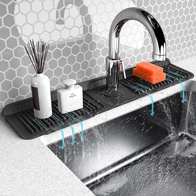 Folding faucet mat for kitchen sink-sink splash guard behind faucet-silicone kitchen faucet mat-faucet draining mat of sink accessories with button lock